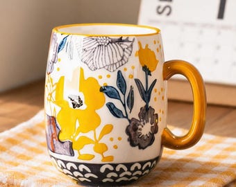 Handmade Floral Ceramic Mug, Large 24oz Coffee Mug, Yellow Botanical Tea Cup, Cottagecore Flower Mug, Cozy Gift for Her, Dishwasher Safe Mug