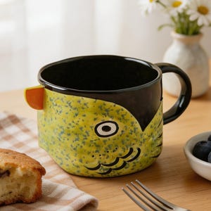 Handgjord keramisk fiskmugg, 550 g söt keramikkaffekopp, nyckfull gul djurmugg, stor tekopp, Cottagecore köksinredning