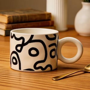 Puede incluir: Una taza de cerámica color crema con un diseño abstracto negro y un asa circular. Una cuchara dorada descansa sobre la superficie de madera junto a la taza. Una vela encendida, libros y un pequeño jarrón con vegetación están en el fondo.
