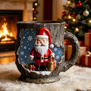 Könnte beinhalten: Eine weihnachtliche Tasse mit einer Weihnachtsmann-Figur in einem Baumstamm-Design. Die Tasse zeigt einen rot-weißen Weihnachtsmann, der einen Geschenkebeutel hält, vor einem blauen, schneebedeckten Hintergrund. Auf der Basis steht "Merry Christmas".
