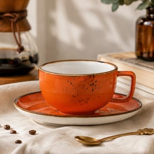 Könnte beinhalten: Ein orangefarbenes Keramik-Kaffeebecher- und Untertassen-Set mit gesprenkelter Oberfläche. Die Tasse hat einen Henkel und steht auf einer passenden Untertasse mit weißem Rand. Ein goldener Löffel und Kaffeebohnen sind ebenfalls vorhanden.
