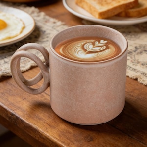 Taza de café de cerámica con doble asa de 400 ml, asa única en forma de bucle, taza estética para latte, estilo artesanal, regalo minimalista de gres.