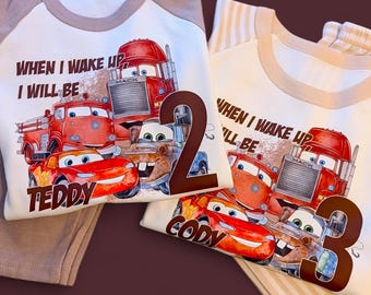 Personalised 'Cars' Birthday PJs: McQueen Lightning Mater Natural Stripe Pyjamas, Any Age