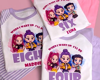 When I Wake Kpop Demon Hunters Inspired Personalised Purple Stripe Birthday Pjs, K-pop Birthday, Saja boys, Children's birthday Pjs, Girls