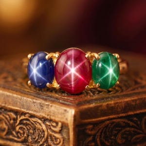 May include: A gold ring featuring three oval cabochon gemstones arranged horizontally. The center stone is a deep red star gemstone, flanked by a blue star gemstone on the left and a green star gemstone on the right, each displaying a six-rayed star.