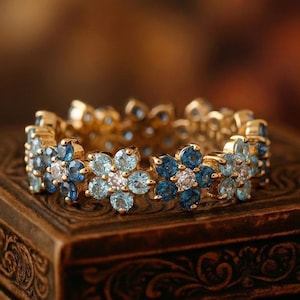 14Kゴールド アクアマリン トパーズ フラワー エタニティバンド 繊細なブライダルリング