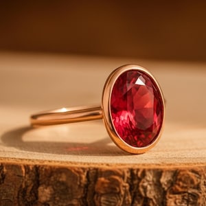 Anillo de rubí de laboratorio, solitario ovalado de 2 quilates, engaste de bisel en oro rosa de 14 k