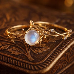 Nature Inspired Moonstone Engagement Ring Set, Gold Twig Branch Wedding Band, Unique Leaf Promise Ring for Women, Bridal Anniversary Gift