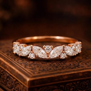 Vintage Moissanite Marquise Wedding Band, 10K Rose Gold Half Eternity Ring