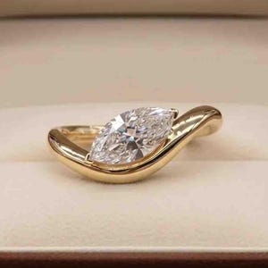 Marquise Moissanite Solitaire Ring, East West Set, Curved Band
