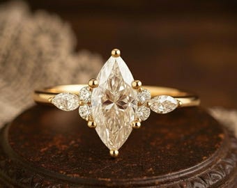 Vintage Marquise Moissanite Engagement Ring, 14k Gold Jewelry