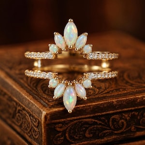 Marquise Opal & Moissanite Wedding Band In Rose Gold, Elegant Double Curved Wedding Band Ring Enhancer, Modern Ring Enhancer Guard Jacket