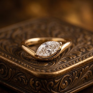 Marquise Moissanit Solitaire Ring, East West Set, Böjd Band