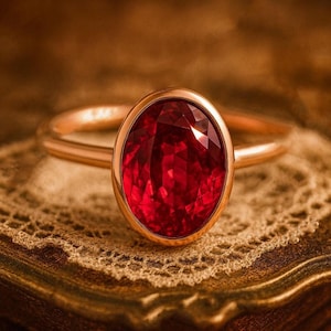 Puede incluir: Un anillo de oro con una gran gema de rubí de talla ovalada. El anillo está sobre una superficie delicada y encaje, con un fondo cálido. El rubí es de un rojo intenso y la banda de oro tiene un acabado pulido.