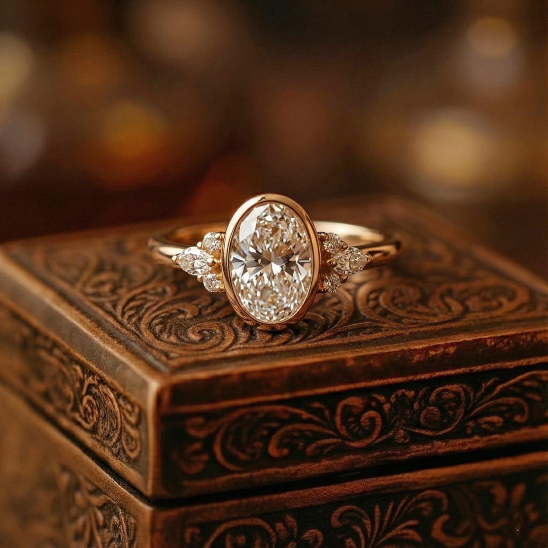 Oval Cut Moissanite Engagement Ring, 14k Solid Gold Bridal Cluster Ring ...