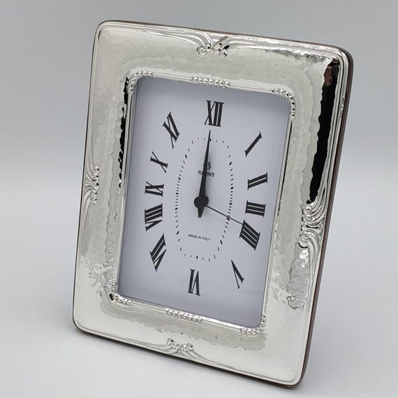 3x5" inc Solid Sterling Silver Table Clock, Florence Maker, Mahogany Wood Accent LONG/9x13SV