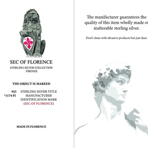 May include: A black and white image of a sculpture of a man's head. The image is accompanied by text that reads "The manufacturer guarantees the quality of this item wholly made of inalterable sterling silver. Don't clean with abrasive products but just dust."  The text also includes "SEC OF FLORENCE STERLING SILVER COLLECTION FIRENZE THE OBJECT IS MARKED 925 *1174 FI STERLING SILVER TITLE MANUFACTURER IDENTIFICATION MARK (SEC OF FLORENCE) MADE IN FLORENCE"