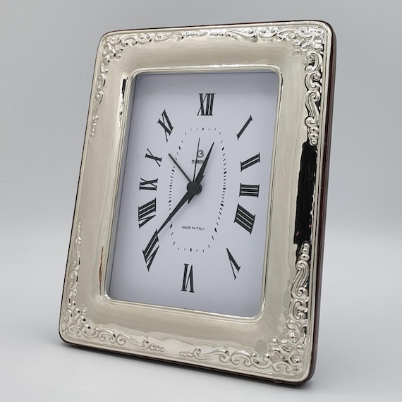 3x5" inc Solid Sterling Silver Table Clock, Florentine Artisan Made, Mahogany Wood Accent 1010/9x13SV