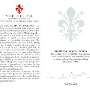Pode incluir: Um cart&atilde;o branco com texto e ilustra&ccedil;&otilde;es. O texto diz "SEC OF FLORENCE, Feito &agrave; m&atilde;o em Floren&ccedil;a, Fabricante de Molduras de Prata de Lei 925." O texto descreve a hist&oacute;ria e o artesanato da marca, destacando os materiais e a arte italianos.