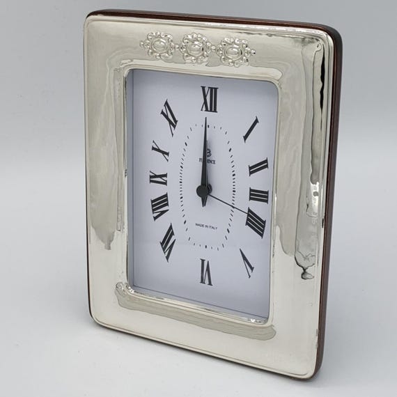 3x5" inc Solid Sterling Silver Table Clock, Mahogany Wood Accents, Florence Made 1012/9x13SV