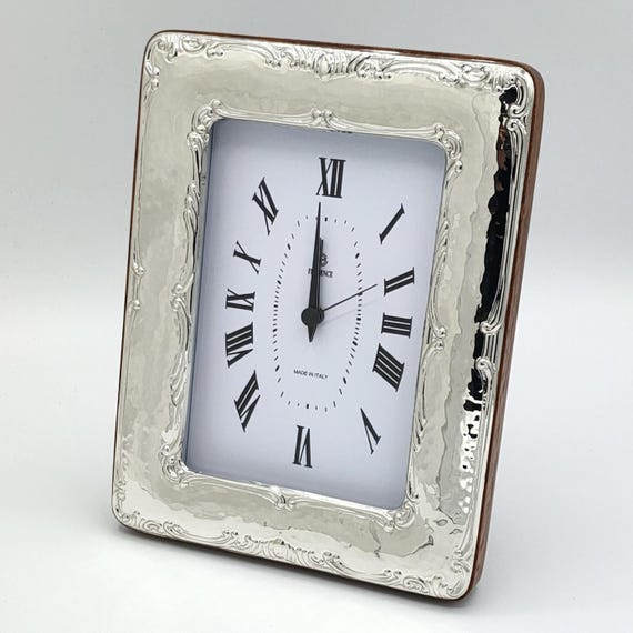 3x5" inc Solid Sterling Silver Table Clock, Florentine Maker, Mahogany Wood Accent 1016/9x13SV