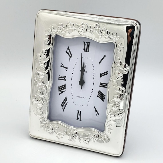 3x5" inc Solid Sterling Silver Table Clock, Ornate Floral Design, Italian Made, Mahogany Wood Accent 954/9x13SV