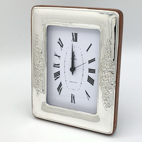 3x5" inc Solid Sterling Silver Table Clock, Mahogany Wood Accent, Florence Maker 1013/9x13SV