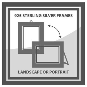 May include: Two silver frames, one inside the other, showing how they can be displayed in both landscape and portrait orientations. 925 Sterling Silver Frames - Landscape or Portrait.