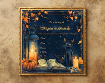 May include: A framed invitation with a dark blue background, featuring a black cat, pumpkin, lantern, and open book. The text reads "An evening of Whispers & Shadows" with details for date, time, venue, and RSVP.