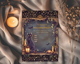 May include: An invitation card for a Halloween gathering. The card features a black cat, bats, candles, and a pumpkin. The text reads "An Enchanted Halloween Gathering". The card has a dark, vintage aesthetic.