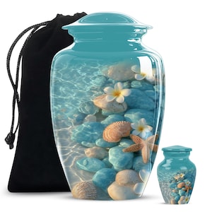 Artistic aluminium urn with serene seashore imagery and natural sea decorations