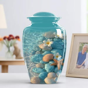 Decorative handmade urn with underwater beach design and coastal elements