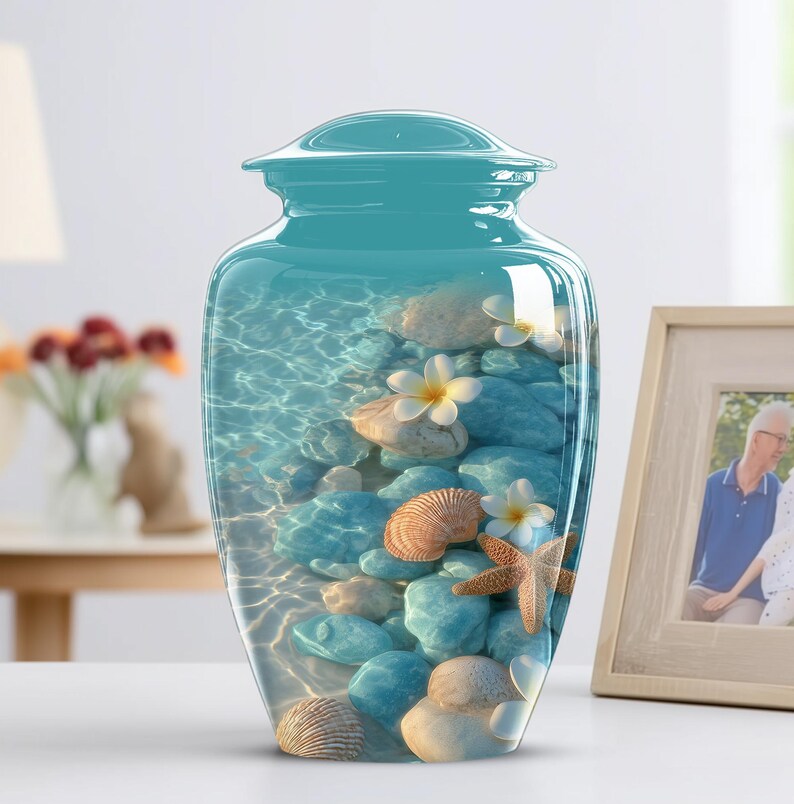 Decorative handmade urn with underwater beach design and coastal elements
