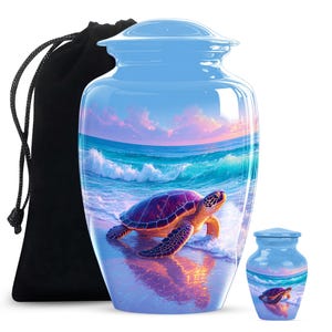 May include: A large, light blue urn with a turtle design, a smaller matching urn, and a black drawstring bag. The urns feature a beach scene with a turtle, waves, and a sunset. The turtle is brown and purple.