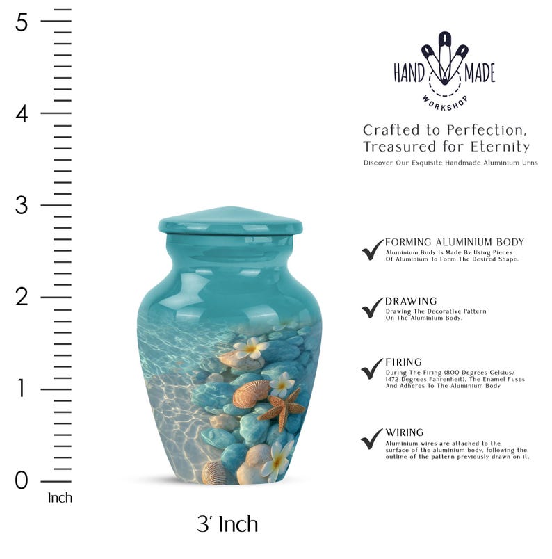 Custom hand-drawn aluminium urn with underwater coastal scene