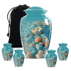 Unique turquoise ocean cremation urn with floral and coastal detailing