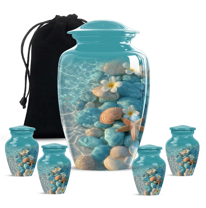 Unique turquoise ocean cremation urn with floral and coastal detailing