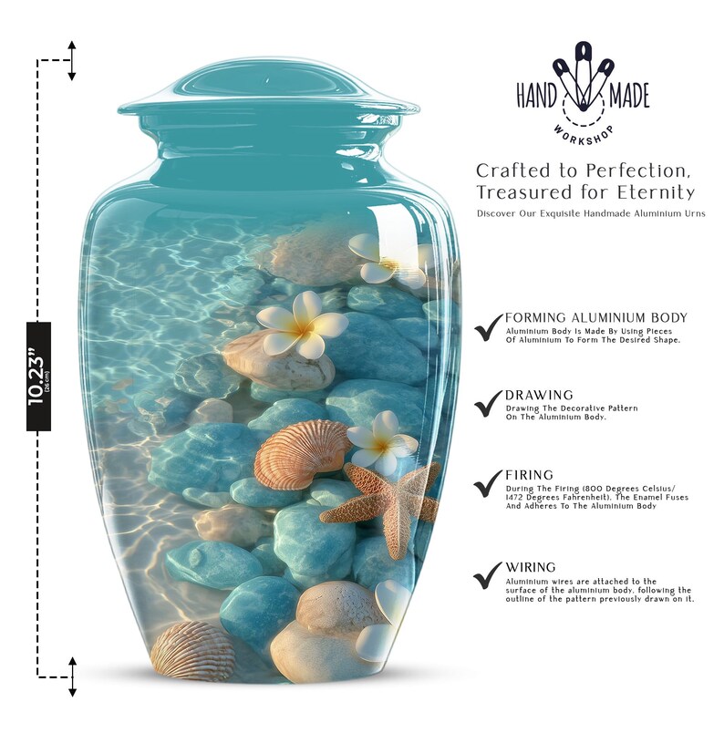 Ocean-inspired cremation urn featuring turquoise stones and plumeria flowers