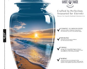 May include: A blue, handmade aluminum urn, 10.23 inches tall, with a scenic beach sunset design. The urn has a lid and features text that reads "Crafted to Perfection. Treasured for Eternity."