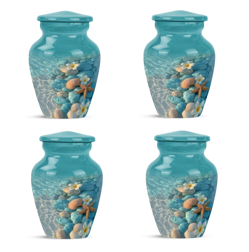 Elegant beach-style cremation urn crafted with aluminium and enamel detailing