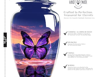 May include: A handmade, navy blue aluminium urn, 26 cm tall, with a purple butterfly design. The urn features a sunset landscape and the text "Crafted to Perfection. Treasured for Eternity."
