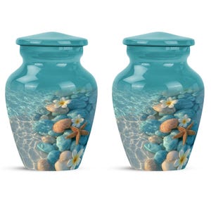 Memorial urn featuring hand-applied beach elements and sea life design