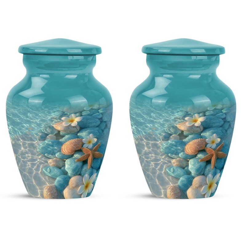 Memorial urn featuring hand-applied beach elements and sea life design