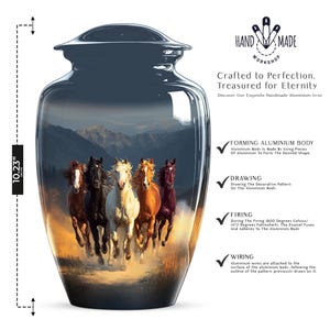 May include: A handmade aluminum urn, 10.23 inches tall, with a dark blue finish. The urn features a painted scene of five running horses in shades of brown, black, and white against a mountain backdrop. Text on the urn reads "Crafted to Perfection, Treasured for Eternity."