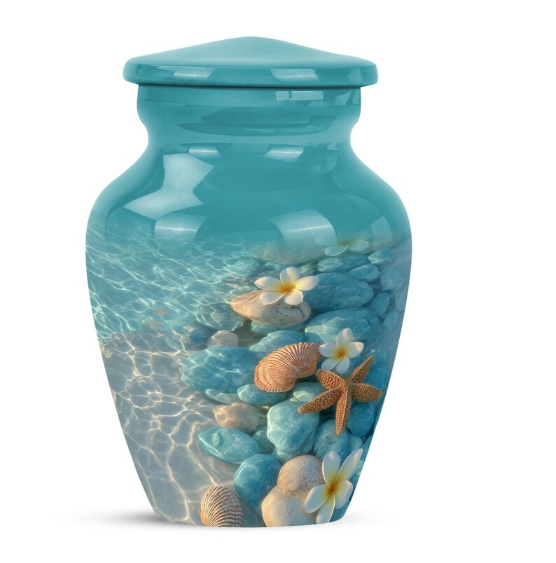 Sea-inspired funeral urn made from aluminium with tropical beach patterns
