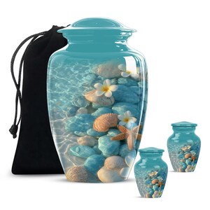 Handcrafted sea-themed memorial urn with starfish, seashells, and clear water