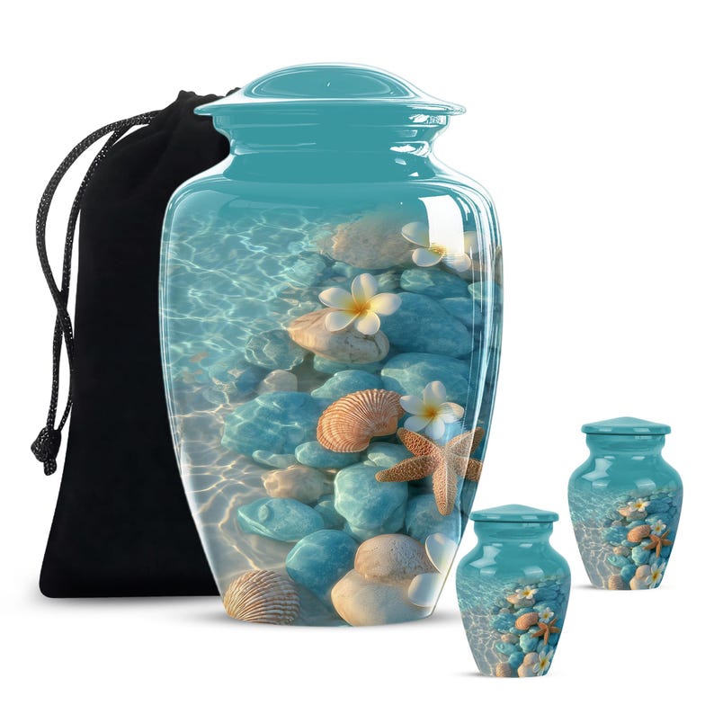 Handcrafted sea-themed memorial urn with starfish, seashells, and clear water