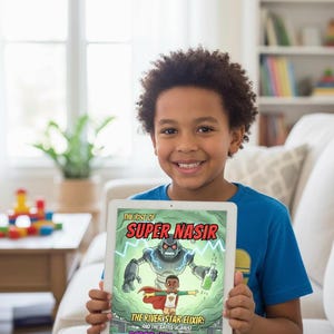 May include: A young person smiles while holding a tablet displaying a comic book cover. The comic book is titled "The Rise of Super Nasir" and features a robot and a superhero. The text "The River Star Elixir" and "Robo's Mind Control" are also visible.