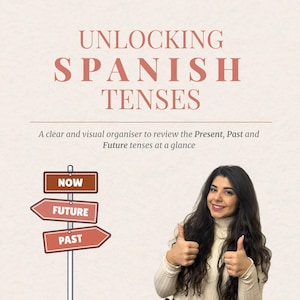 Puede incluir: Imagen con el texto "UNLOCKING SPANISH TENSES" y un organizador visual de los tiempos verbales en español. Una mujer hace una señal de pulgar hacia arriba. El logo incluye "UIS" y un mapa.