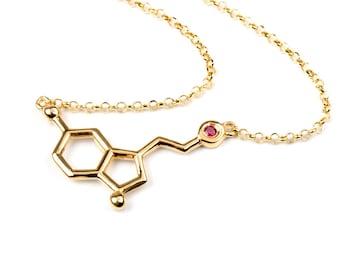 Serotonin necklace Gold solid, geeky jewelry birthstone, science pendant gemstone